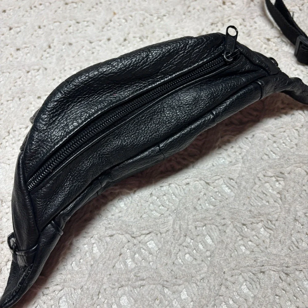 Genuine Leather‎ Fanny Pack Black Solid Multiple Pockets Waist Bag VTG